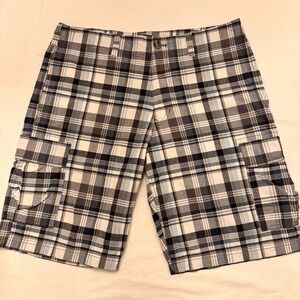 Eddie Bauer Men's 36 Plaid Cargo Shorts 100% Cotton Blue Gray Preppy Summer Vibe